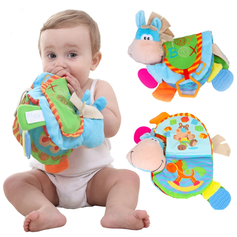 

1 Baby Quiet Books Cartoon Animal Donkey Shaped Montessori Educational Handbells Rattles Toys for Kids Teether Children Learning