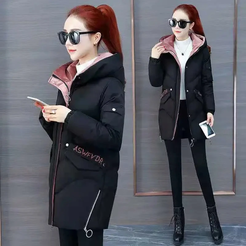 Winter Warm Cotton Padded Thicken Mid Length Parkas Loose Hooded Long Sleeve Women Jackets Korean Snow Wear Windproof Outwear