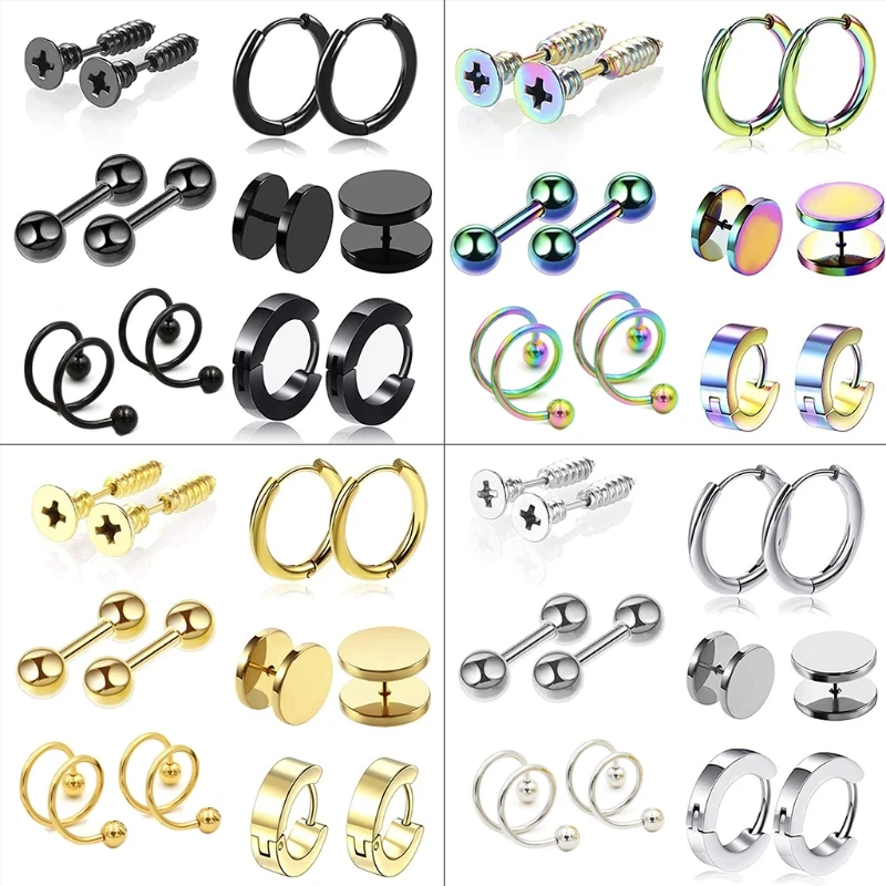 

Black/Gold/Silver Stainless Steel Hoop for HUGGIES Piercing Men's Punk Earrings