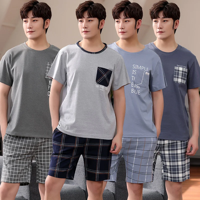 

2022 Summer Plus Size Short Sleeve Cotton Pajama Set for Men Casual Plaid Sleepwear Suit Pyjama Male Loungewear Homewear Clothes