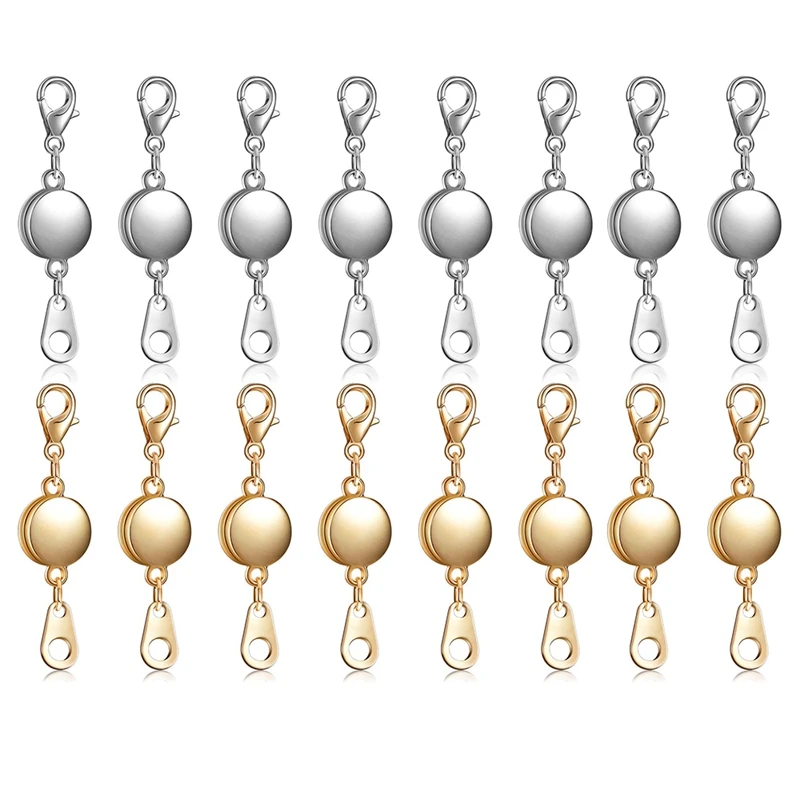 

16 Pcs Locking Magnetic Jewelry Clasp Round Necklace Clasp Closures Bracelet Extender For Jewelry Making (Gold, Silver)
