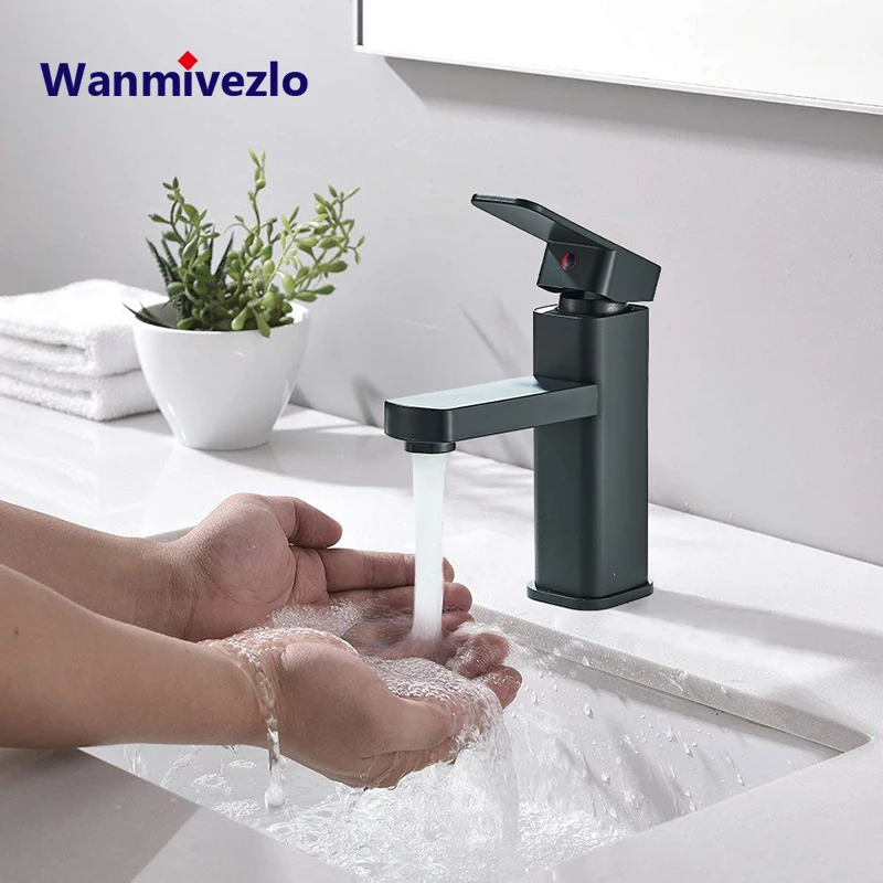 Смеситель для раковины в ванную комнату черный кран горячей и холодной воды одна