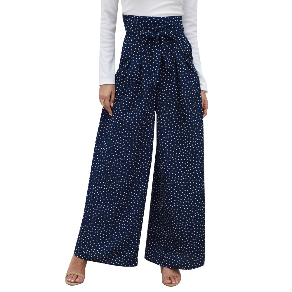 

Casual Pants Women's Straight Trousers Waist Wide Leg Loose Pants 2022 Spring Summer Blue Wave Point Fashion African Clothing XL