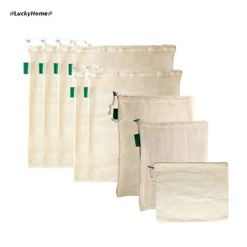 

11UA 9pcs/set Washable Mesh Bag Produce Bag Storage Drawstring Bag for Shopping