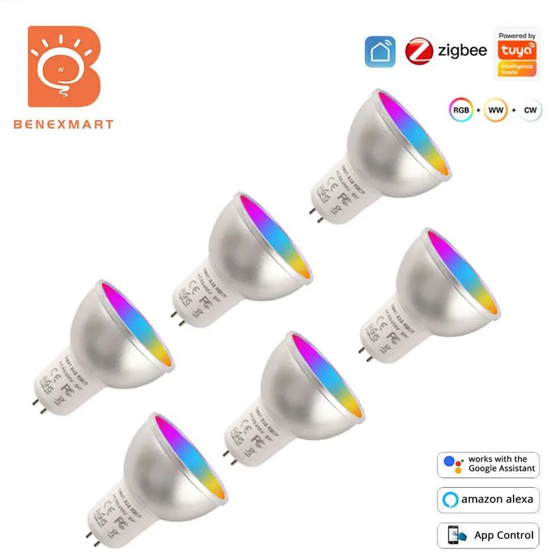 Benexmart 6 Pcs Tuya Zigbee GU5.3 LED Spotlighting RGBCW Dimmable Light Bulb Alexa Google Home Decorative Lamp Work with Homekit