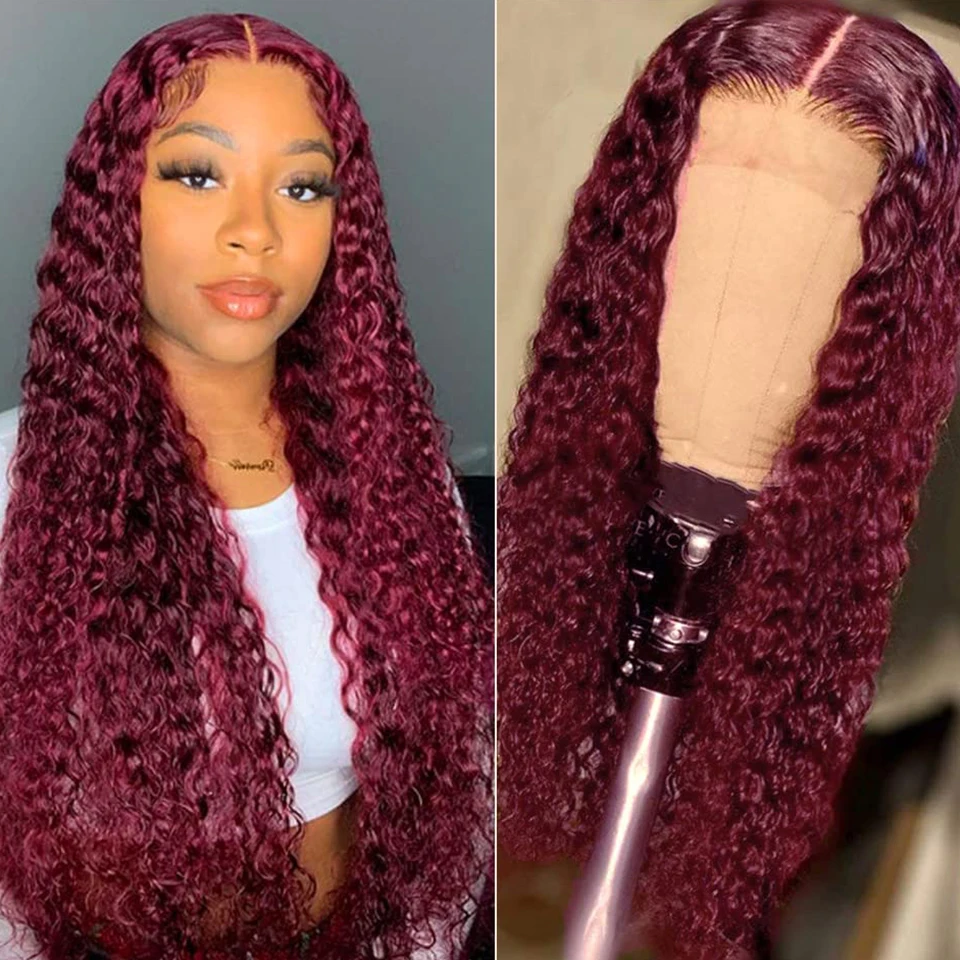 99J Colored Lace Front Human Hair Wigs Burgundy 13x4 Water Wave Wig Glueless Wine Red HD Transparent Lace Frontal Wig For Women
