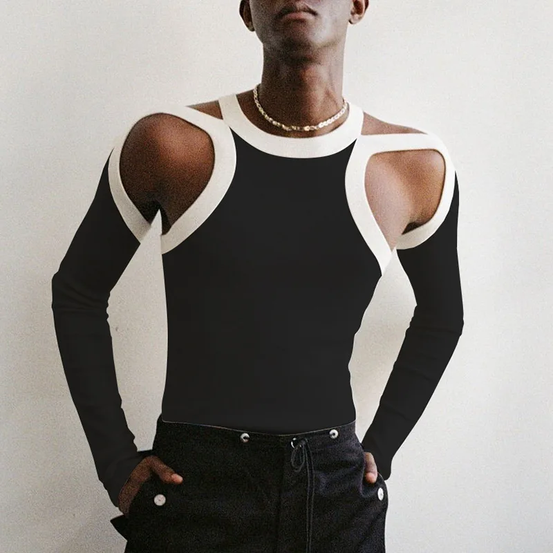 

Модная Облегающая рубашка с вырезами, пуловер с круглым вырезом и длинным рукавом с принтом, Мужская модная новая весенняя цветная футболка...