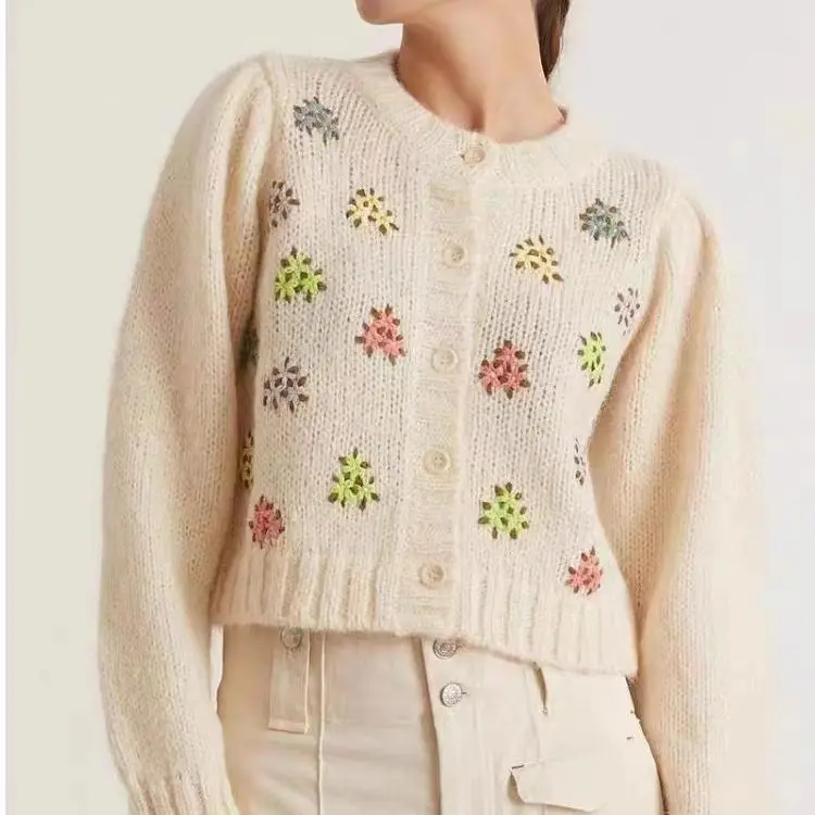 

Autumn and Winter New Floral Embroidery Round Neck Single-breasted Knitted Sweater Cardigan Women