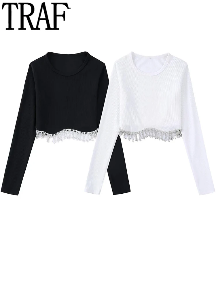 

Женский укороченный топ с кисточками, с длинным рукавом