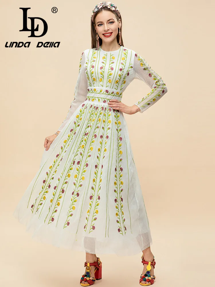 LD LINDA DELLA Fashion Runway Summer Party Dress Women's Long Sleeve Flowers Embroidery Mesh Vintage Vacation Midi Dress