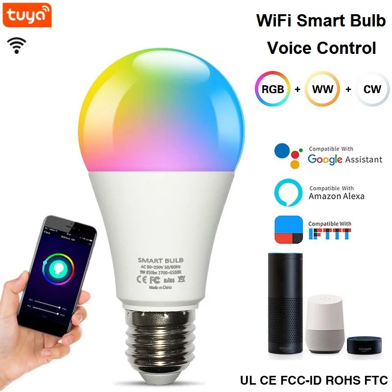 

9/10W Tuya 15W WiFi Smart Home Light Bulb, E27 RGB LED Lamp Dimmable with Smart Life APP, Voice Control for Google Home, Alexa