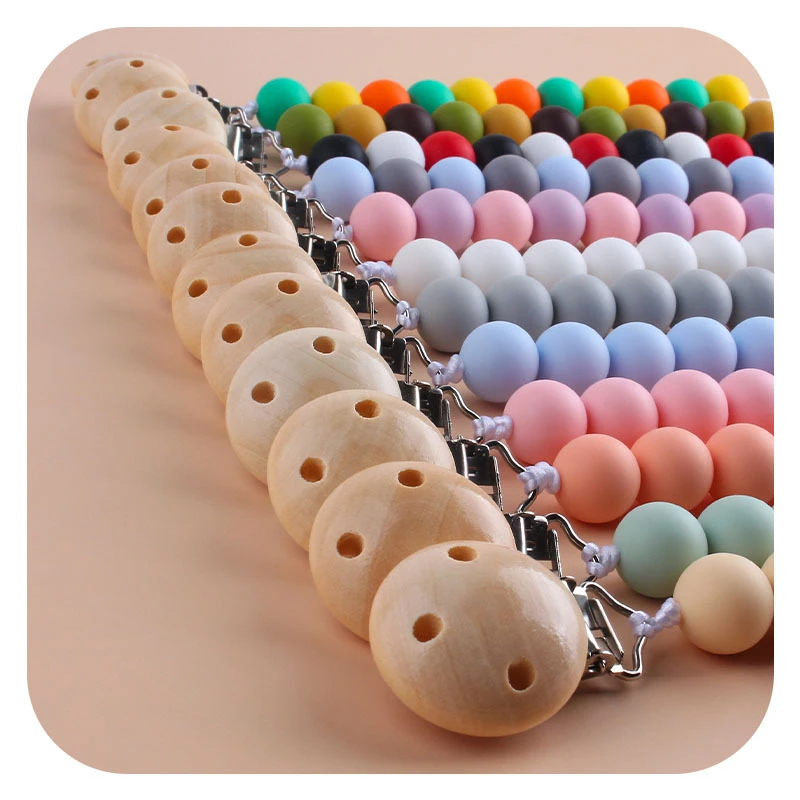 

Beech Wood Chew Handmade Beads Pacifier Clips Dummy Chain Holder Cute Soother Chains Baby Teething Toys Baby Chew High Quality