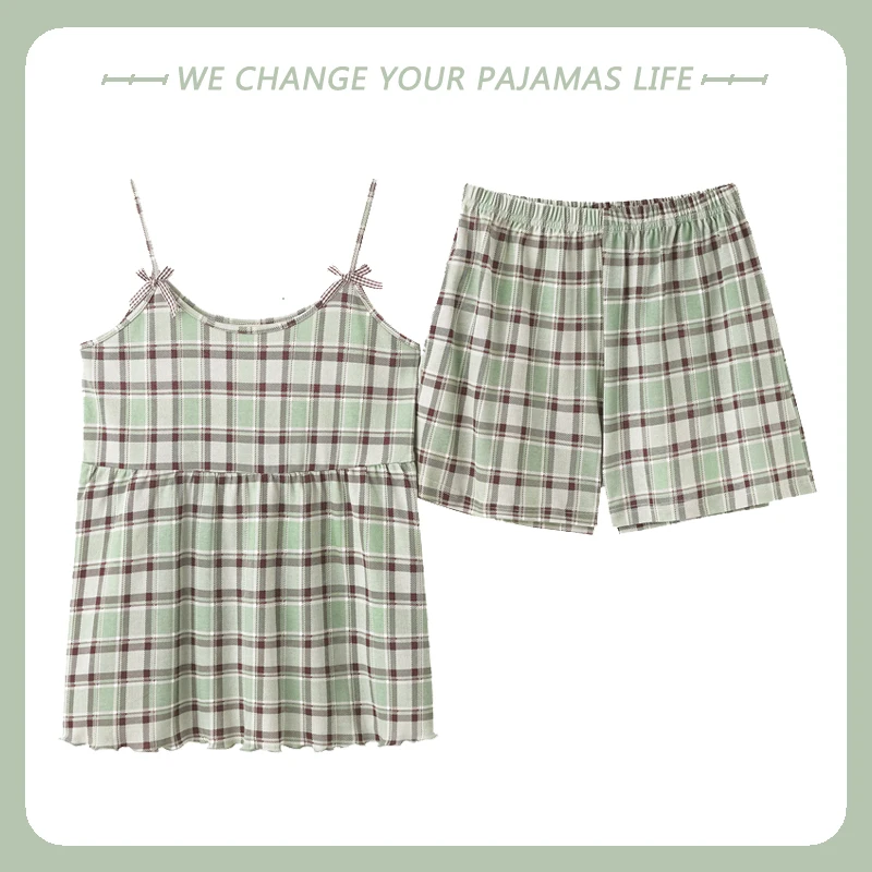 

Cotton Summer Sling Pajamas Set For Women Print Cute Sleepwear Pijamas Suit Female Home Suit Plus Size Short Sleep Tops Shorts