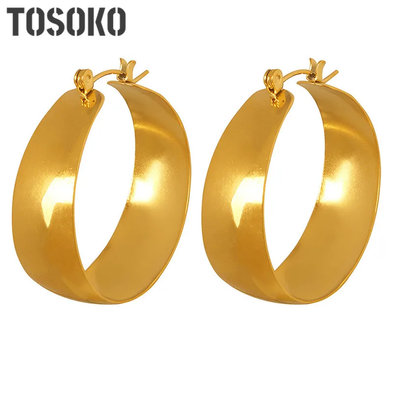 

TOSOKO Stainless Steel Jewelry U-Shaped Circular Ring With Shiny Surface And Exaggerated Female Earrings BSF800