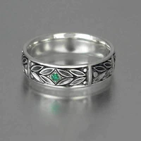 new vintage silver plated leaf engagement rings for women shine green cz stone inlay fashion jewelry wedding party gift ring