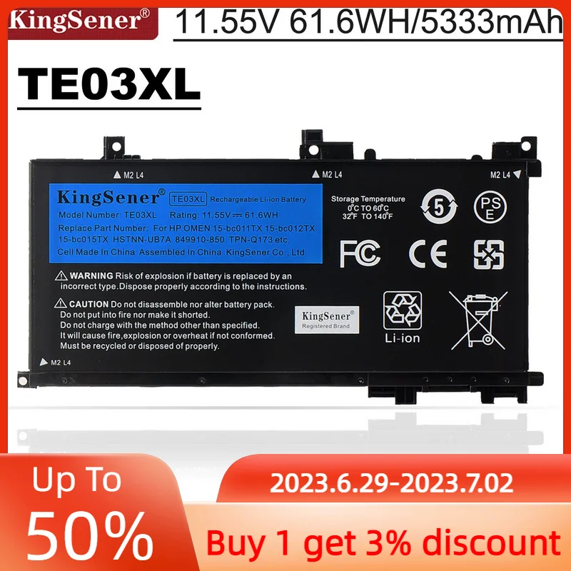 Аккумулятор KingSener TE03XL для ноутбука HP OMEN 15-bc011TX 15-bc012TX 15-bc013TX 15-AX015TX AX017TX TPN-Q173 849910-850