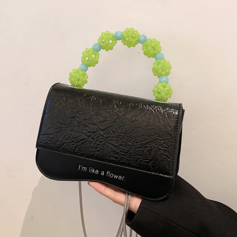 

Beaded Braided Handbag Simple Solid Color Cossbody Bags For Women 2022 Fashion Trend Women Shoulder Bag Small Cute Flap Black