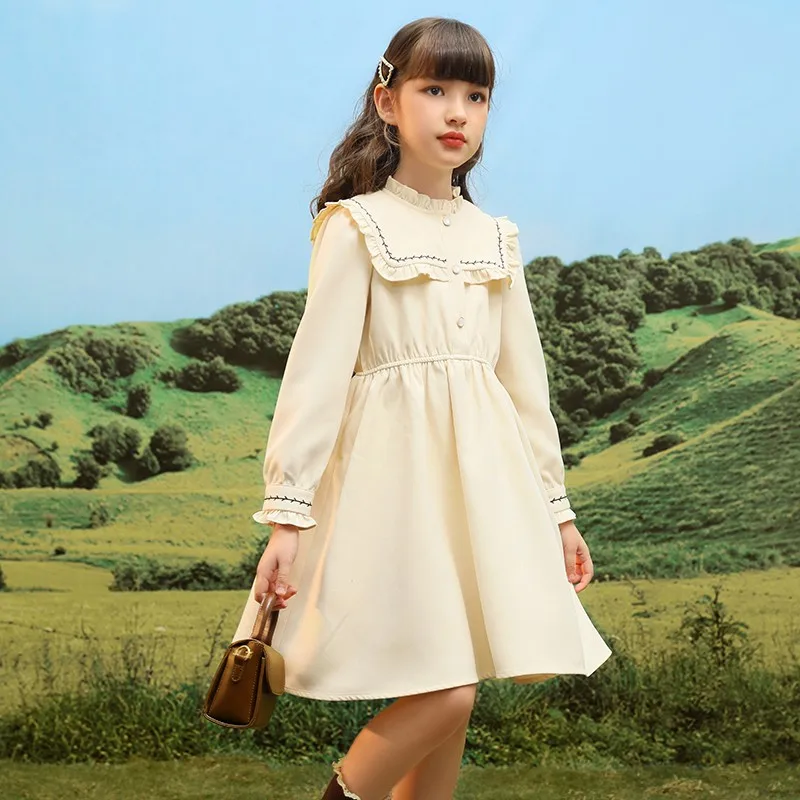 

Preppy Style Casual Dress For Girls Kids Spring Autumn Long Sleeve Knee Length Gowns Children Teens School Uniform Clothes 5-14Y