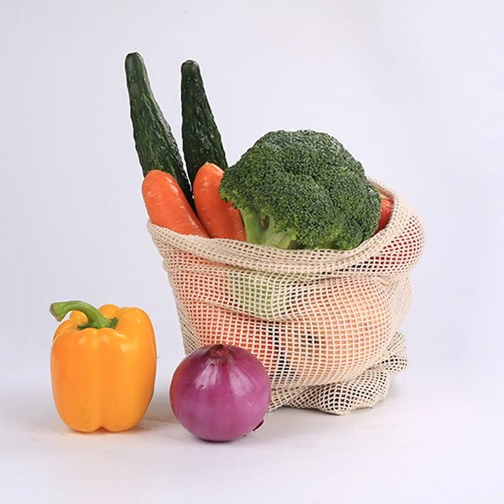 

Vegetable Bags Popular Cotton Fruit And Vegetable With Drawstring Reusable Home 3pcs Kitchen Storage Mesh Bags Machine Washable