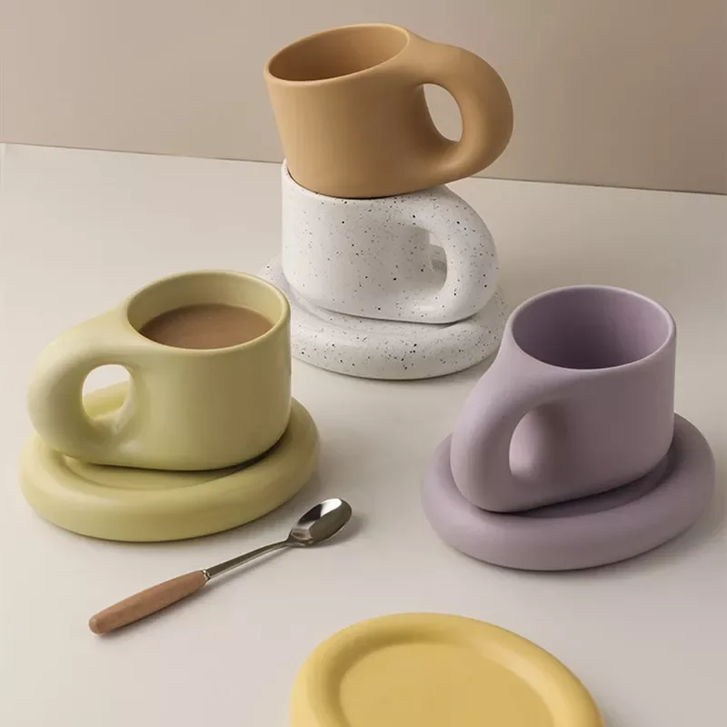 

300ml Ceramic Coffee Cup Set Nordic Decorative Breakfast Drinking Latte Milk Tea Handmade Fat Handle Cup Saucer Wedding Home
