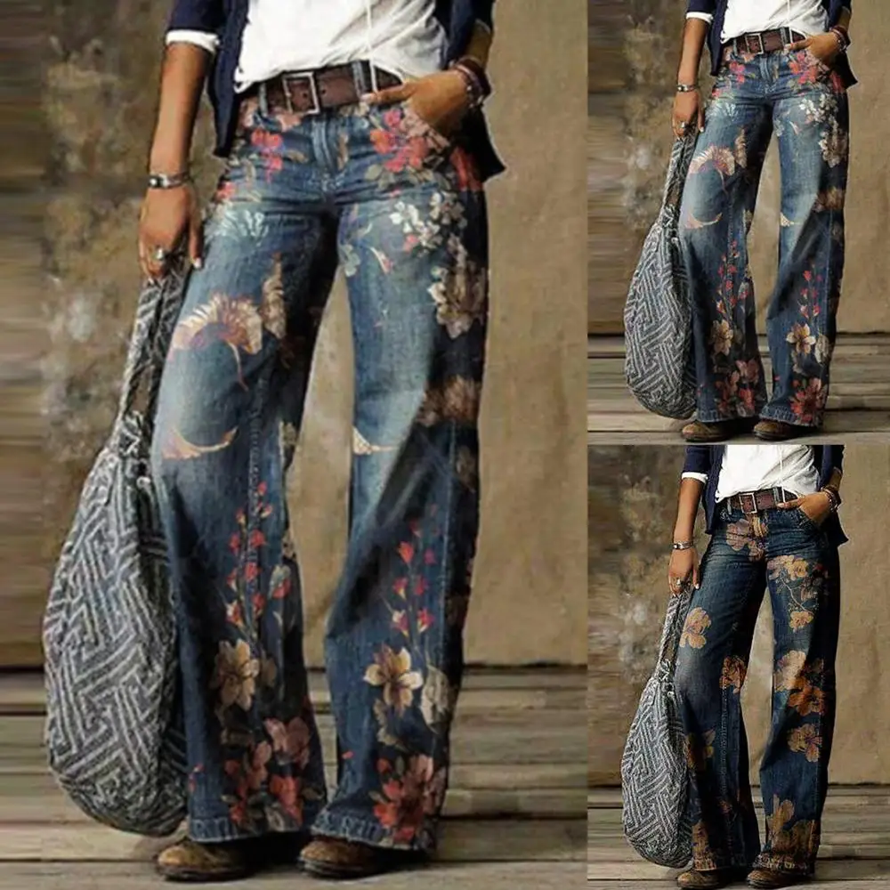 

High Waist Pants Long Women Wide Leg Trousers Loose Casual Retro Jeans Floral Print Jeans Female Vintage Denim Plus Size