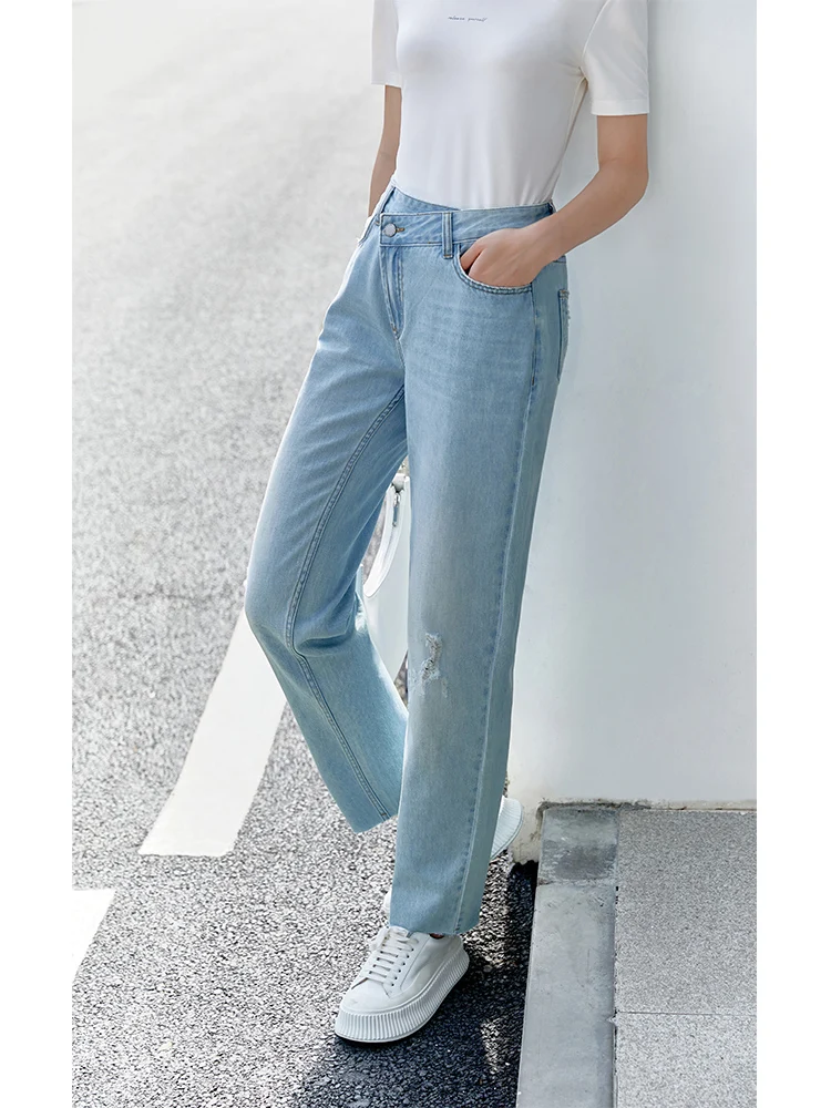 Amii Minimalist Spring Summer Jeans for Women High Waist Straight Oblique Placket Casual Woman Ankle-Length Denim Pants 12240222