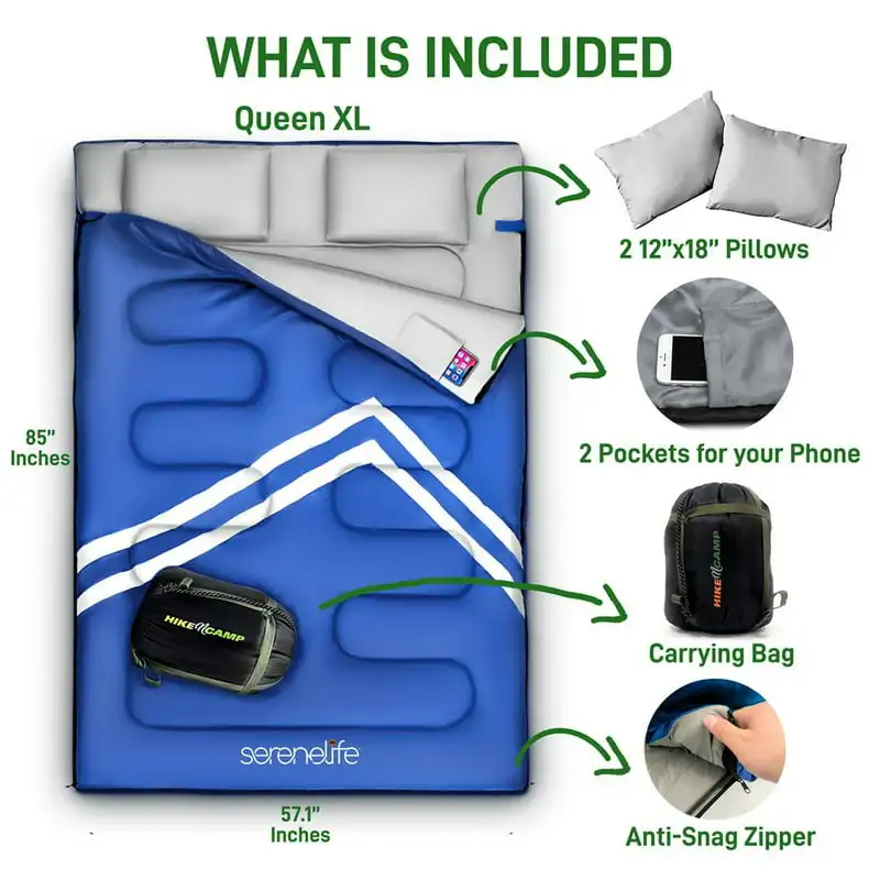 

iking Lightweight Waterproof Double Sleeping Bag with Two Pillows for Adult or Teen Hikers, Campers, and Backpackers