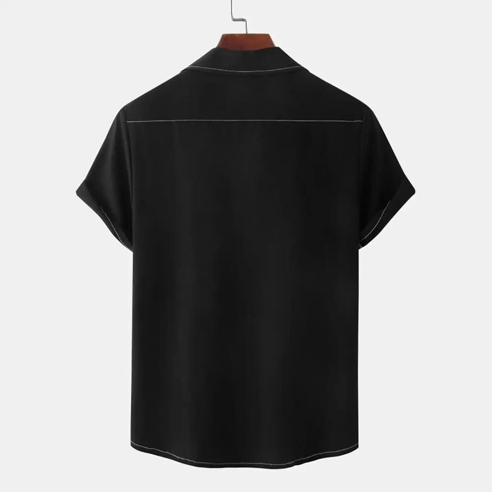 

Stylish Men's Single-breasted Lapel Cardigan Loose Fit Short Sleeve Solid Color Shirt with Patch Pocket Mid Length for Summer