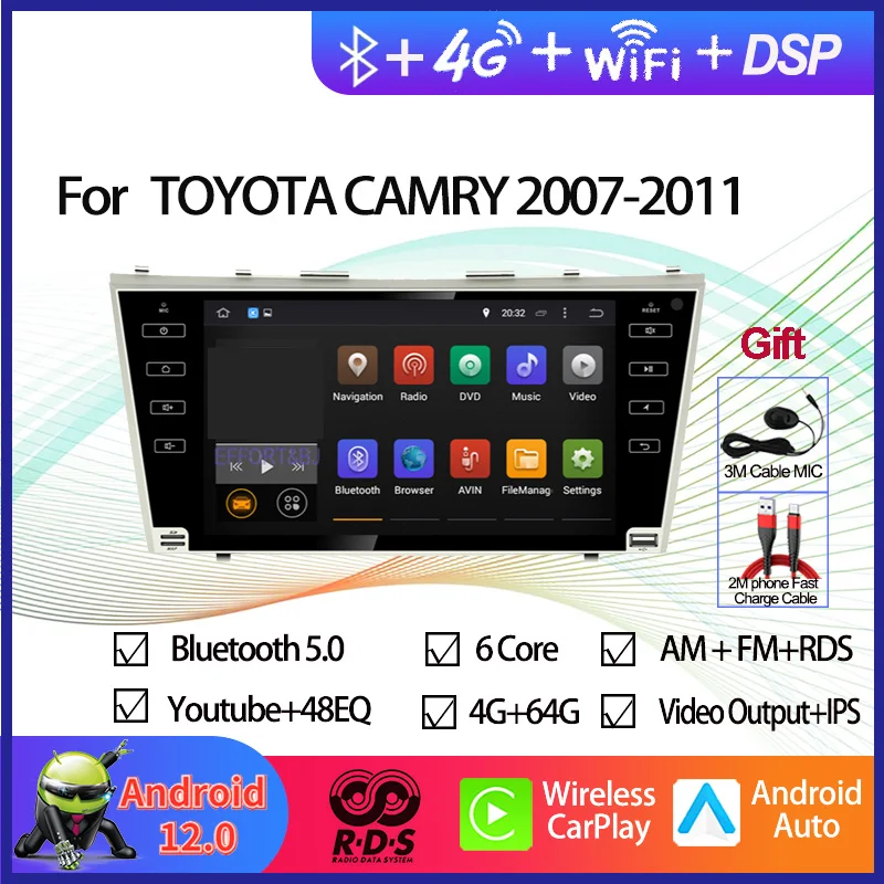 

Android 12 Автомобильный GPS-навигатор, мультимедийный DVD-плеер для TOYOTA CAMRY 2007-2011, автомобильное радио, стерео с BT, Wi-Fi, Mirror Link