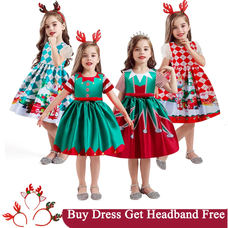 

Girl Christmas Green Elf Costume Kids Stripe Sleeve Xmas Disfraz Dress with Elk Accessory 4-10T Children Santa Claus Red Vestido
