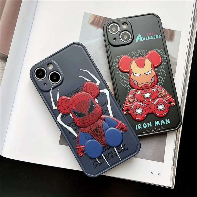 

3D Stereo Spider Iron Man Spiderman Cartoon Bear Phone Cases For iPhone 13 12 11 Pro Max XR XS MAX 8 X 7 Camera Protection Cover