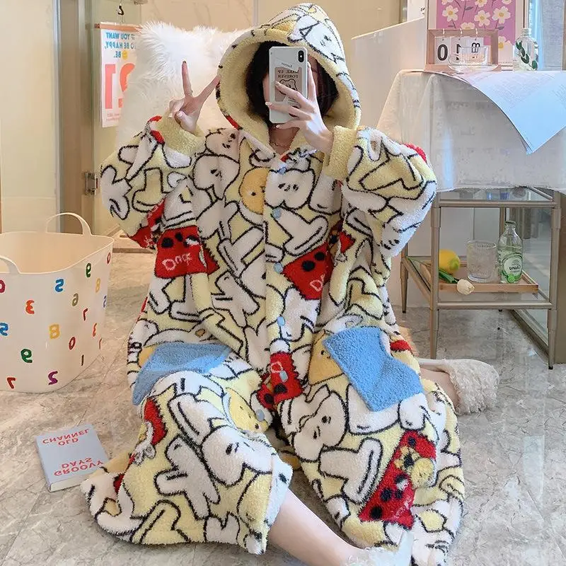 

Coral Velvet Pajamas For Women In Autumn And Winter Lovely Plush Thickened Bathrobe Pajamas Long Plush Hooded Home Clothes Pocke