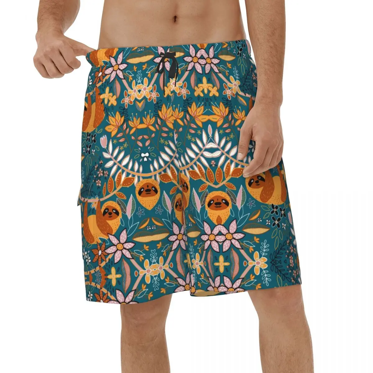 

Happy Boho Shorts Quick Dry Men's Swimming Shorts Sloth Floral Printed Male Beach Board Shorts