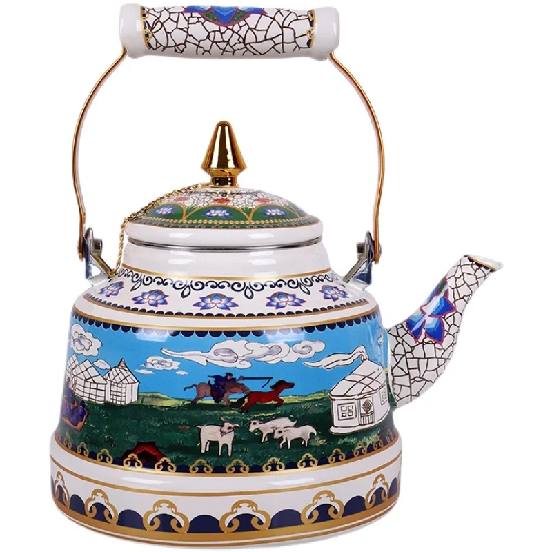 

Tea Milk Pot Large Capacity Ethnic Style Enamel Kettle Mongolian Characteristic Butter Loop-Handled Single Teapot