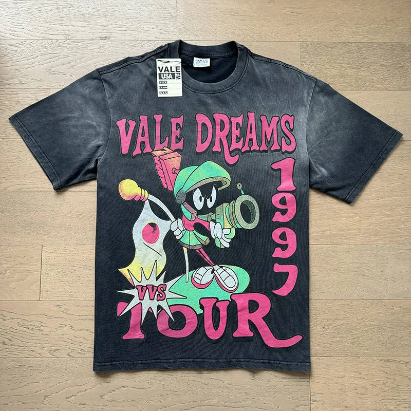 Фото VALE FOREVER Ретро-футболка унисекс с эффектом потертости VALLEY DREAMS, свободного кроя, повседневная, с крестом из страз, в винтажном стиле №3