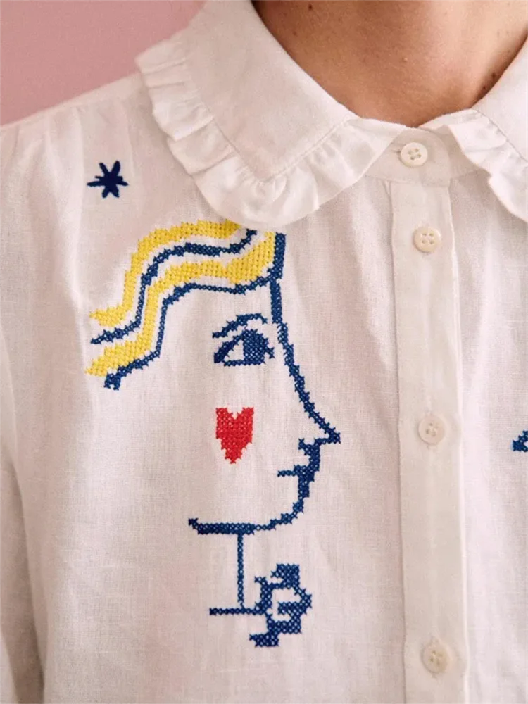 Распродажа Женская блузка с пышными рукавами и мультяшной вышивкой