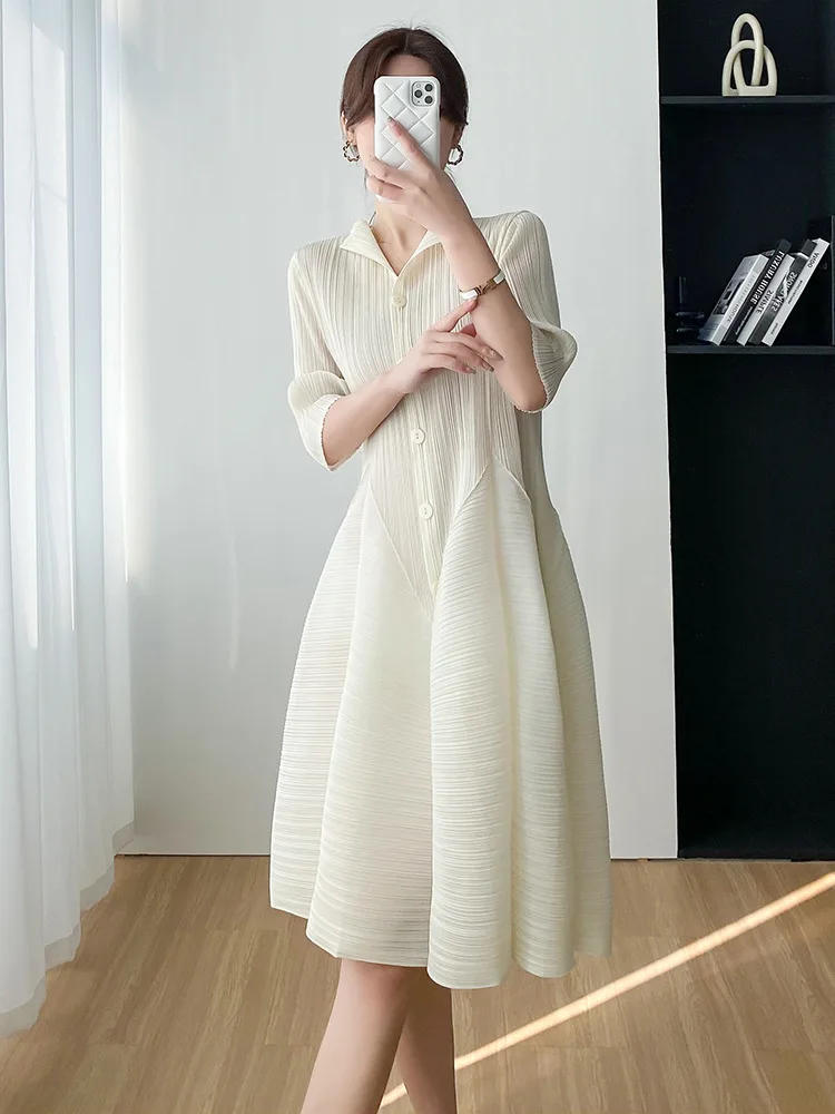 

Miyake Gentle Elegant Comfortable Simple Slim Fit Waist Dress Women's New Summer Casual Pleats