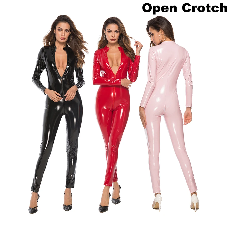 

Women Sexy Crotchless Latex Catsuit PVC Faux PU Leather Jumpsuit Hot Exotic Costume Lingerie Bodysuit Night Clubwear Open Crotch