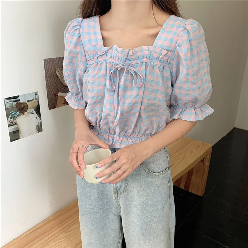 

2021 Summer Harajuku Plaid Tshirts Vintage Puff Sleeve Ruffles tee shirts Square Collar Short Casual Loose Sweet Women's Clothes