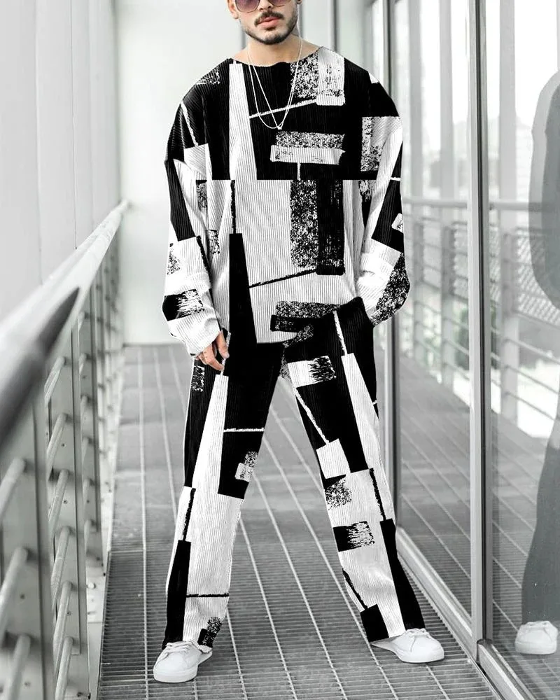 Men's Tracksuit Set Crew Neck Long Sleeve Sweater Sweatpants Two-piece Outfits Striped Color 3D Printed Sports Loose Casual Suit