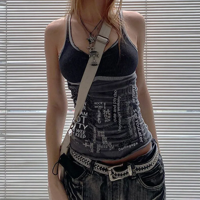 

Summer Fashion Slim Sexy Club Print Letters Low Cut Girl Short Skinny Camis Crop Top Backless Women Strap Tank Top Corset