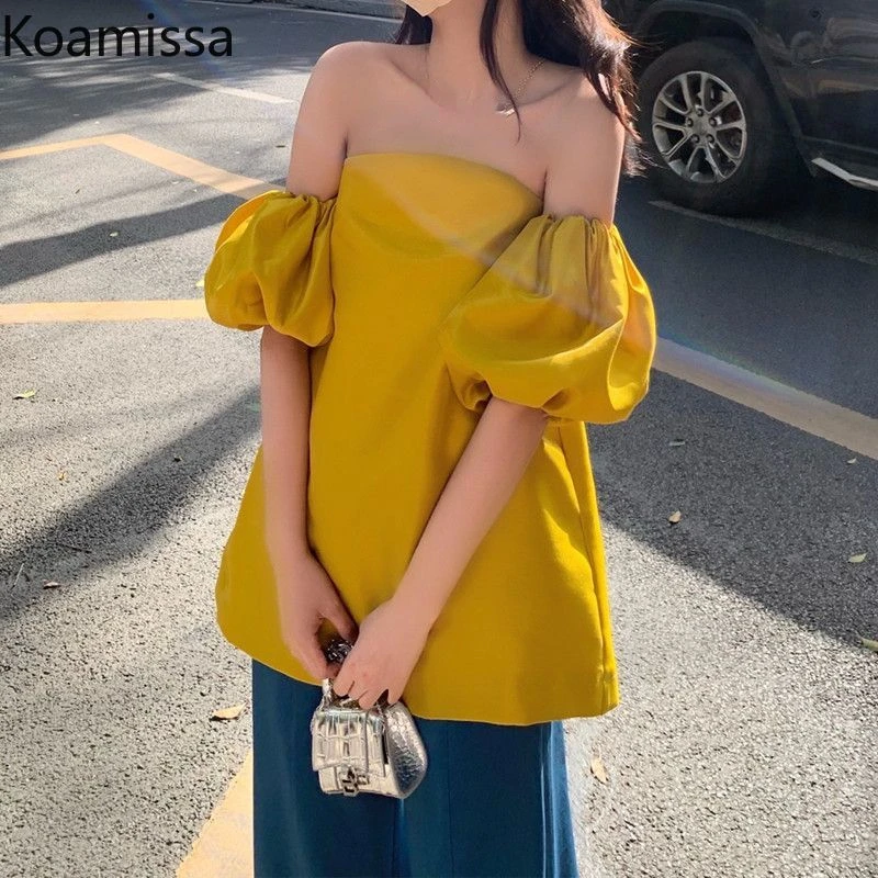 

Koamissa Sexy Salsh Necj Women Solid Blouse Fashion Short Puff Sleeves Shirt 2023 New Ladies Summer Loose Blusas Korean Tops