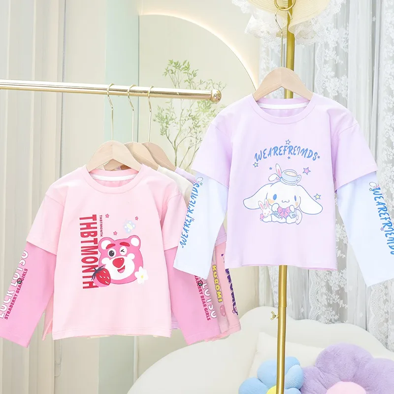 

New Sanrio Cartoon My Melody Cinnamoroll Kuromi Printed Girls Fake Two T-Shirt Kawaii Cotton Long Sleeve Top Clothing Kids Gift