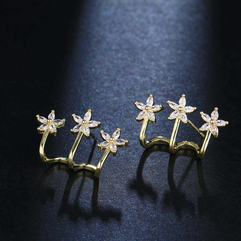 

New Design Zircon Gold Color Flower Stud Earrings for Women Girl Korean Crystal Earrings Clip Fashion Bridal Jewelry Accessories