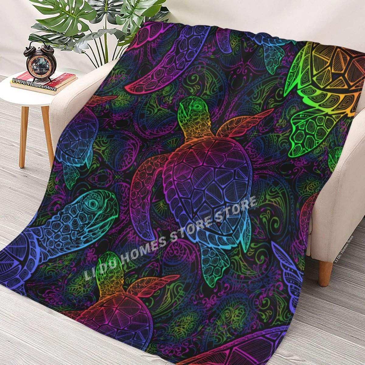 

Psychedelic Polychromatic Colors Of Turtle Boho Style Lotus And Mandala Throw Blanket flannel Collage Blanket Bedding Blankets