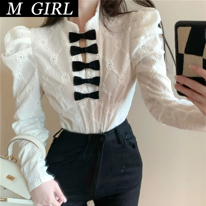 M GIRLS French Style Autumn Winter Shirt Women Bow Hollow Out Lace All-Match Female Elegant Blouse Vintage Female Basic Tops
