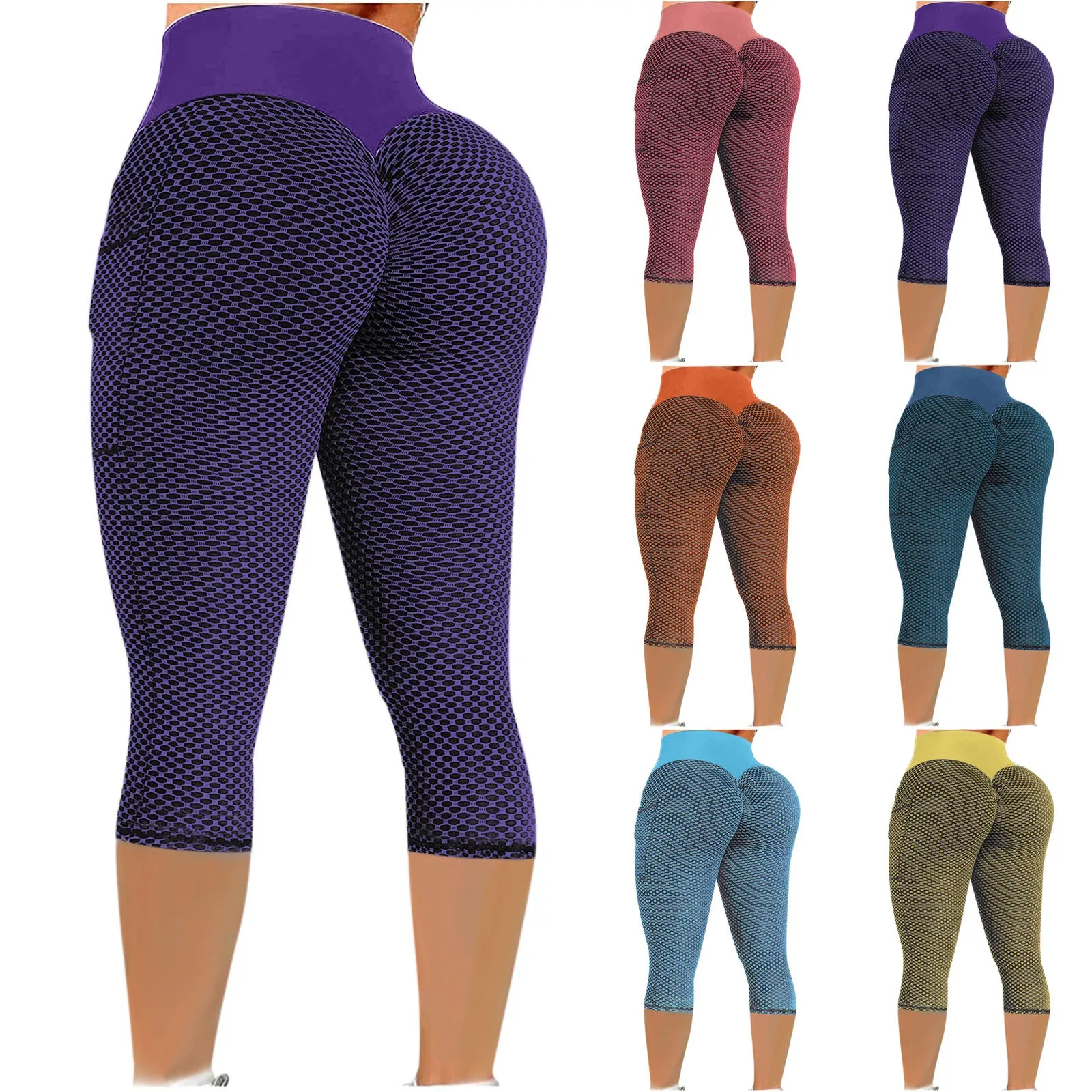 

Leggings Women's Pants Knee-length Stretch Yoga Leggings Fitness Running Gym Cropped Trousers Pocket Active Pants Лосины Женские