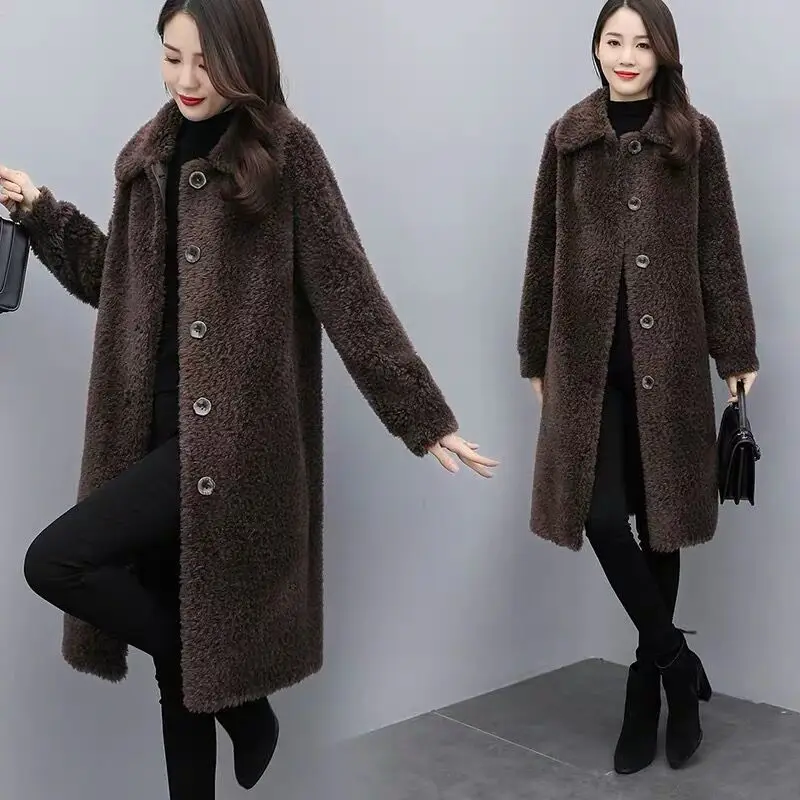 Women Coat Long Natural Fur Coat Loose Lapel Overcoat Female Warm Plush Coat Streetwear Ladies Loose Single Breasted Jackets G15
