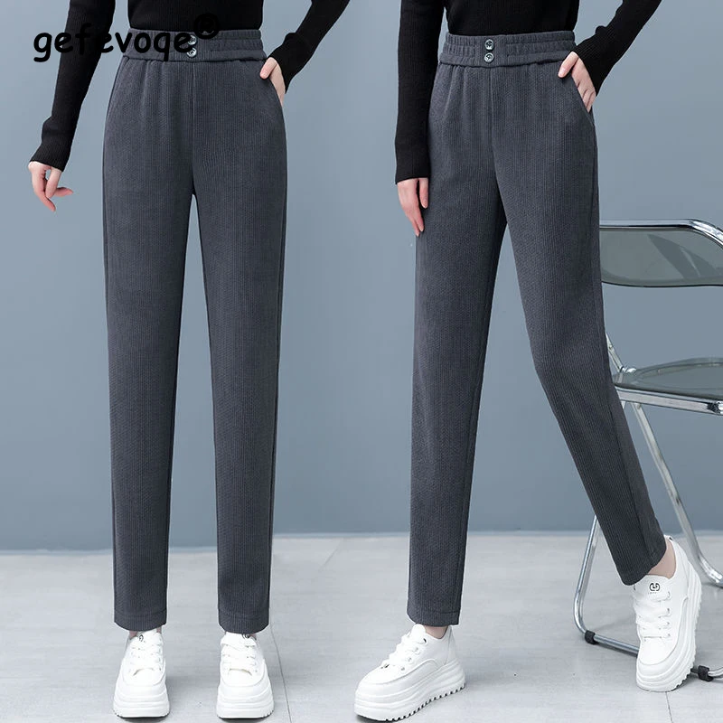 Fashion Elastic Waist Women Corduroy Pants Basic Solid Color Office Lady Harem Pants Mother Spring Autumn Thicken Warm Trousers