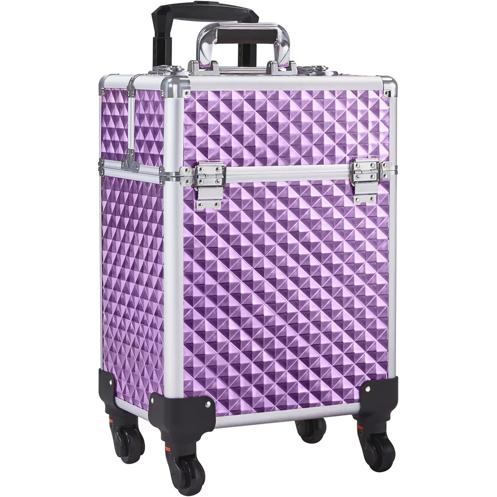 Rolling Makeup Train Case Cosmetic Trolley with Sliding Rail Holographic, Purple